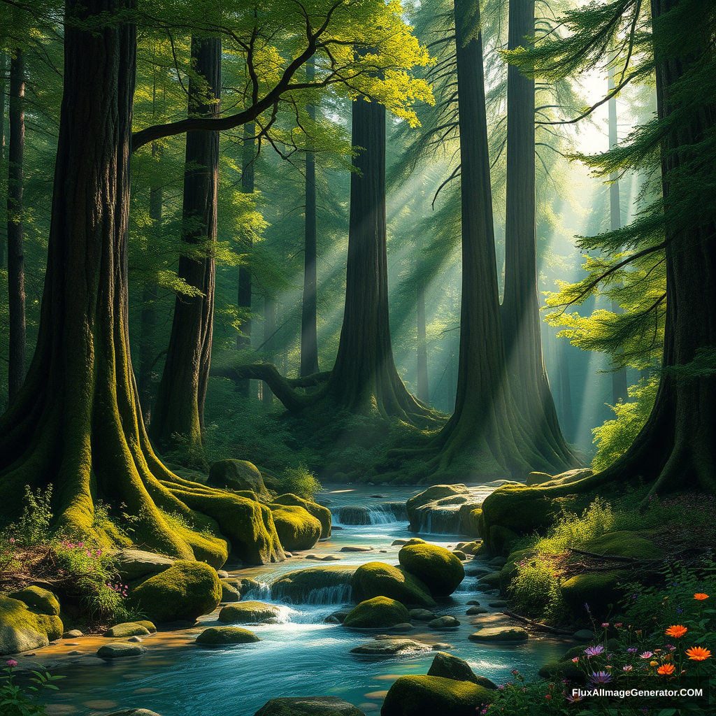 A magical forest with tall, ancient trees and a clear, gurgling stream flowing out of it. The sunlight filters through the dense foliage, creating a dappled effect on the forest floor. Moss covers the rocks along the stream's banks, and colorful wildflowers dot the landscape. --ar 16:9 --v 5