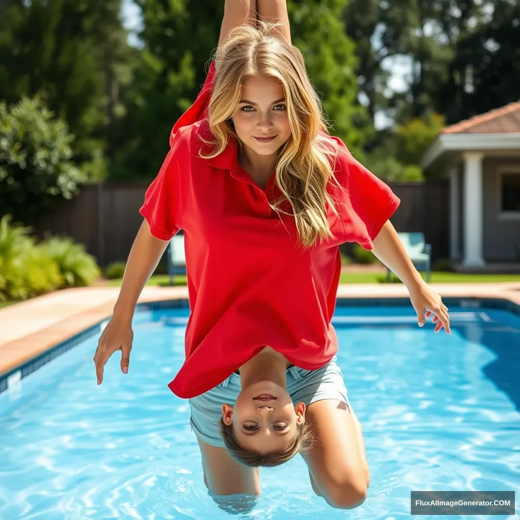 Front view of a young blonde skinny woman who has a good tan is in her early twenties is in her massive backyard wearing a massively oversized red polo t-shirt which is a bit off balance on one of the shoulders and the bottom part of her t-shirt isn't tucked in and she is also wearing M sized light blue denim shorts and she is wearing no shoes or socks, she jumps into the pool upside down head first.