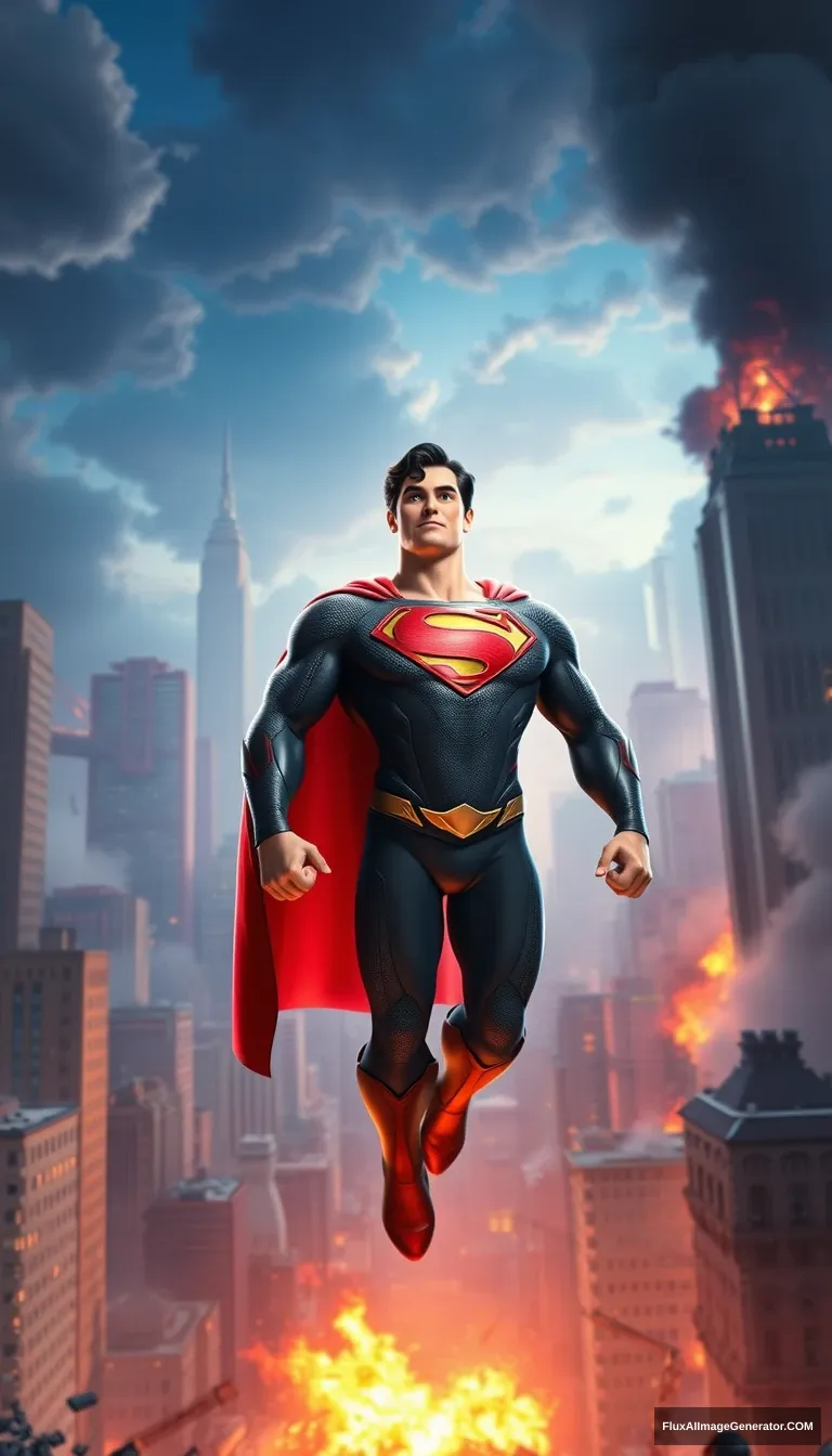 breathtaking 3D animated movie poster, Pixar style, Superman at the center, destroyed city in the background, cinematic, vibrant colors, highly detailed, 8k, hyperrealistic, dramatic lighting - Image