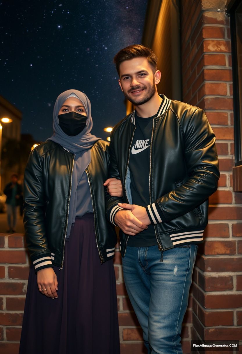 Jamie Dornan, youngest, black face mask, collage jacket, Nike t-shirt, jeans, tall man, fit body,

Dating, love with the biggest grey hijab Muslim girl, beautiful eyes, black face mask, leather jacket, biggest longest skirt, slim, untall girl, love holding his arm,

Standing at a brick wall, spoiler, in town, night scenery, Milky Way, hyper-realistic, photorealistic, street photography. - Image