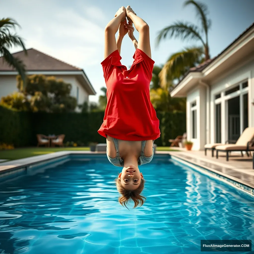 Front view of a young blonde skinny woman in her early twenties, standing in her massive backyard. She is wearing a massively oversized red polo t-shirt that is slightly off balance on one of her shoulders, with the bottom part tucked in on all sides. She is also wearing small light blue denim shorts and no shoes or socks. She jumps into her luxurious pool head first, turning upside down, with her head already underwater. - Image