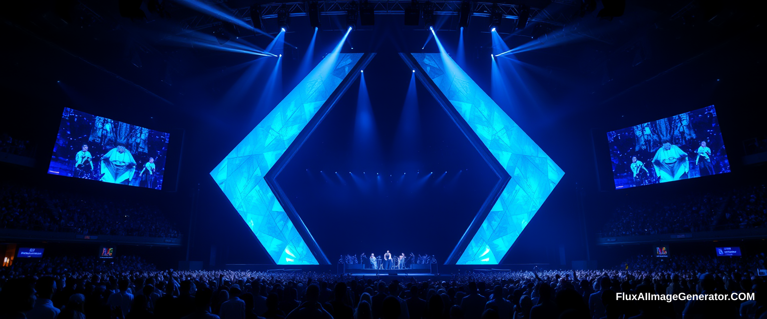 Diamond-inspired music stage, a large LED screen in the middle, two curved LED screens on both sides, dark blue tone, spotlights, crowded audience, luxurious.