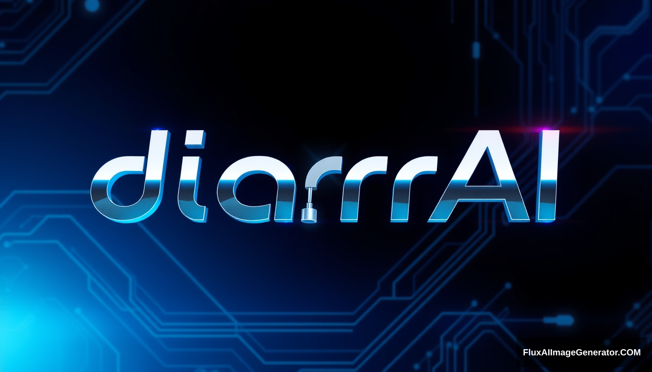 Logo design for 'diarrAI' text, representing a high-tech AI solutions company. Futuristic and advanced, minimalistic and linear style. Incorporate elements from computer circuits and digital interfaces, with sleek geometric shapes and sharp lines. Use modern, elongated sans-serif font. Metallic or neon accents, with subtle circuit-like patterns. Color palette: silver, deep blue, black, with hints of neon. The logo should feel like it's from 3000 years in the future. Unreal Engine. - Image