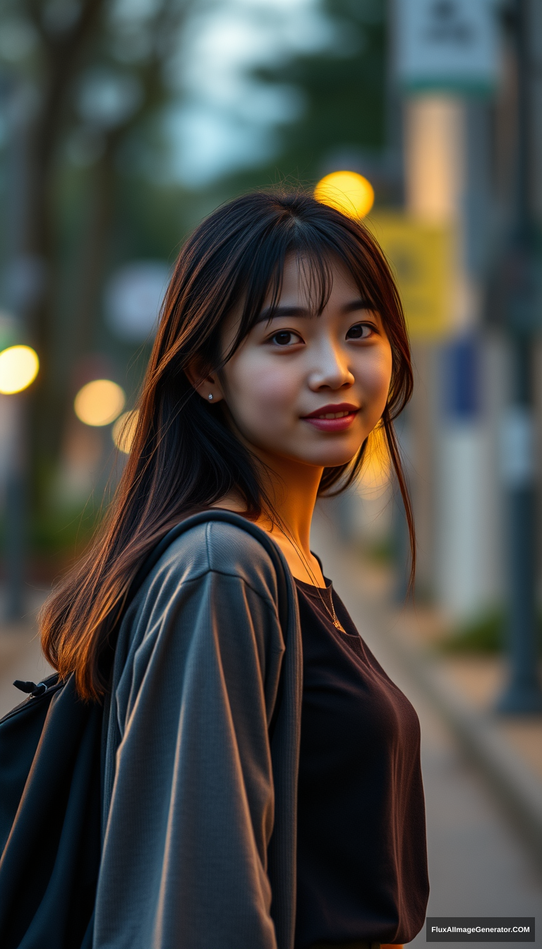 "A female high school student on her way home from school, in the evening, Asian descent, full body shot, close-up shot." - Image