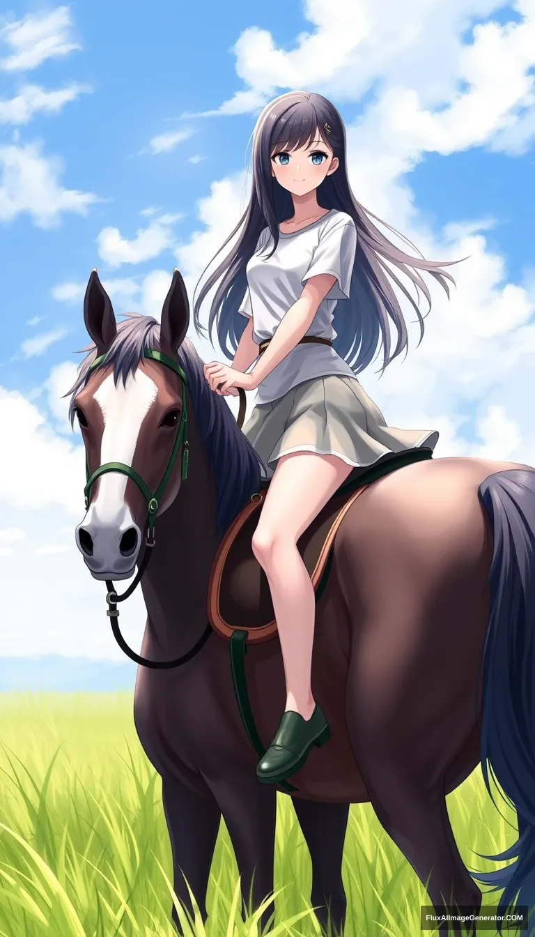 An Asian girl with long hair, long legs, wearing a short skirt and a T-shirt, riding a horse on the grass. - Image