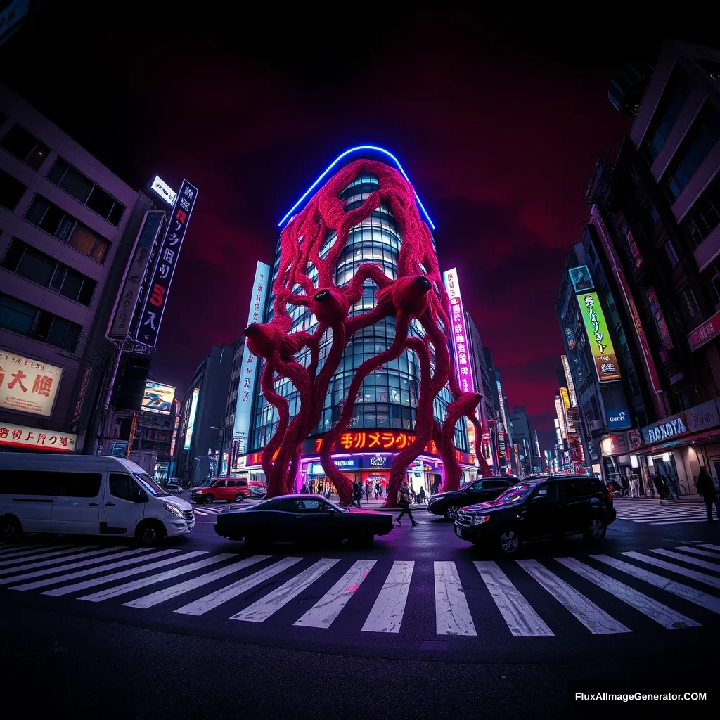 Shocking Wide-angle shot, Shibuya Crossing, Cyberpunk, Tokyo, Night Scene, Crosswalk Line, Abandoned vehicles, Red Lycoris from Demon world, blue and purple neon lights, Huge vines wrap around the building, sky is dyed red.