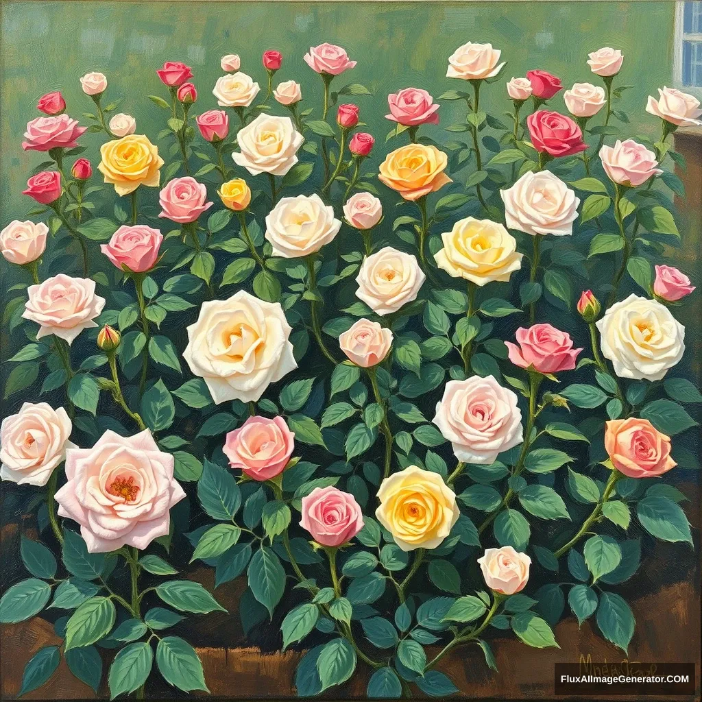 Impressionist painting of a rose garden, featuring multiple different types arranged nicely in circles.