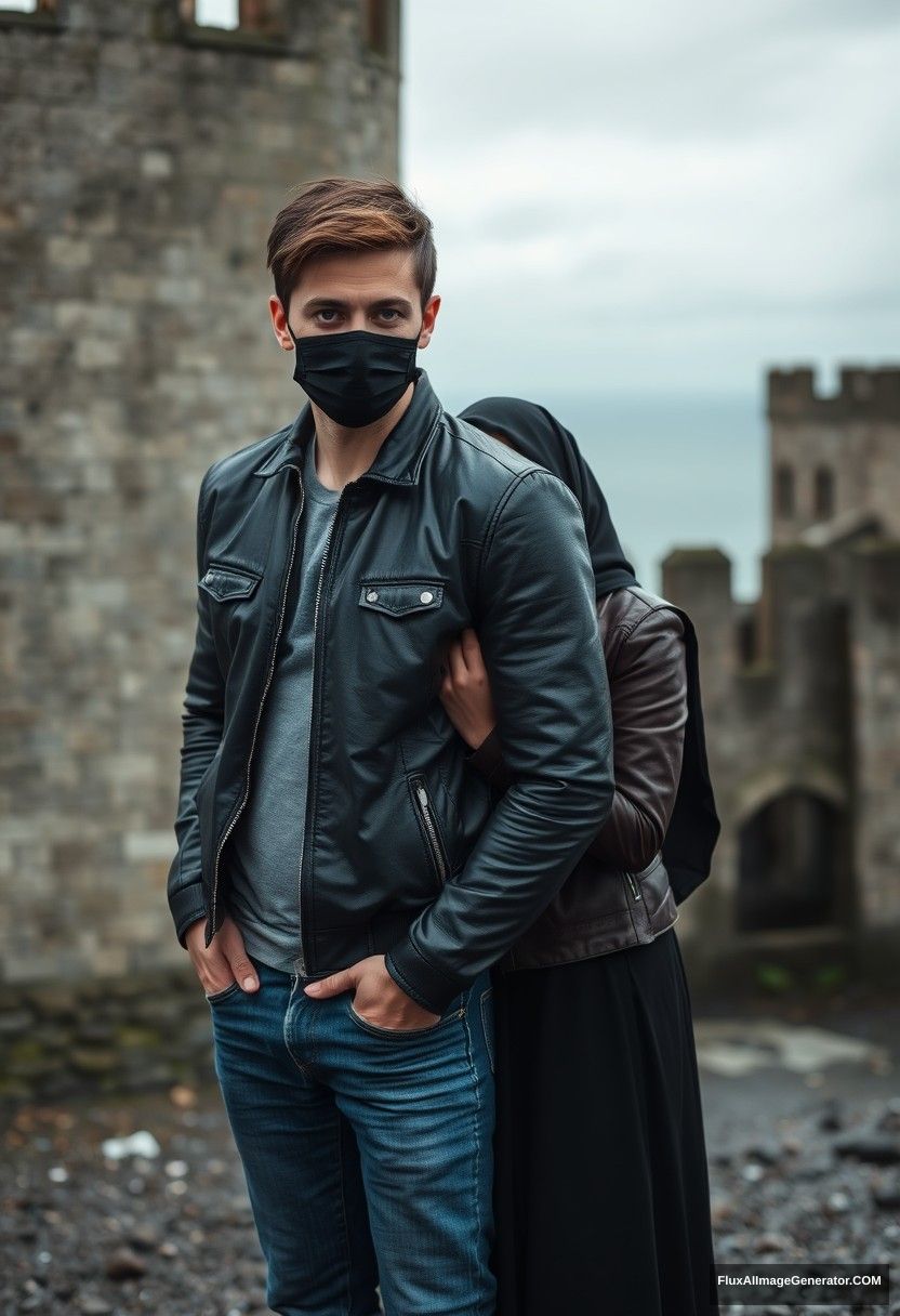 Jamie Dornan's head and body shot, handsome, youngest, black face mask, black leather jacket, jeans, dating, love with the biggest black hijab Muslim girl, not tall, beautiful eyes, face mask, maroon leather jacket, biggest black skirt, leaning on his shoulder, hyper-realistic, studio photography, full body photo, exploring at an abandoned castle, at sea, gloomy scenery. - Image