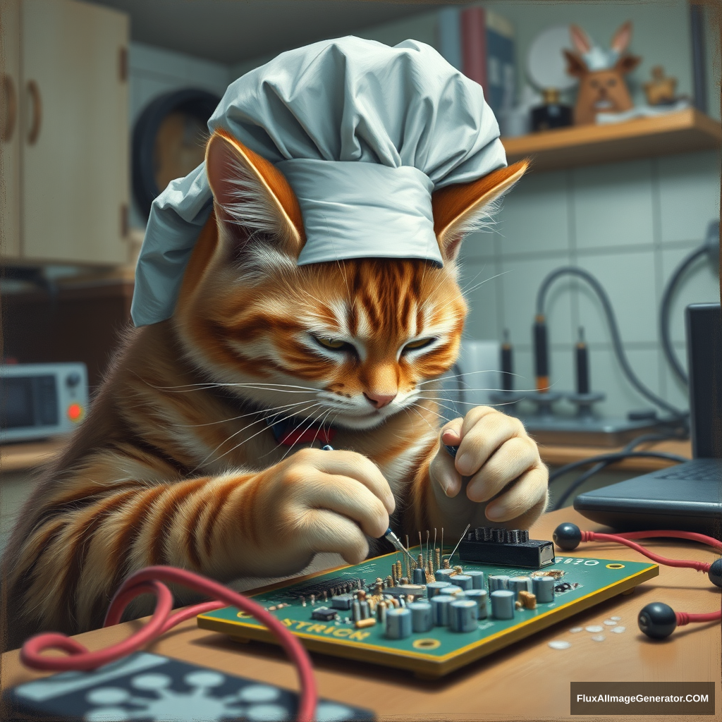 A hyper-realistic feline chef, whiskers twitching with concentration, delicately solders surface mount capacitors and resistors on a circuit board. The kitchen-turned-workshop buzzes with electronic equipment. Meticulous brushstrokes capture every fur detail, creating a surreal blend of domestic and technological worlds.