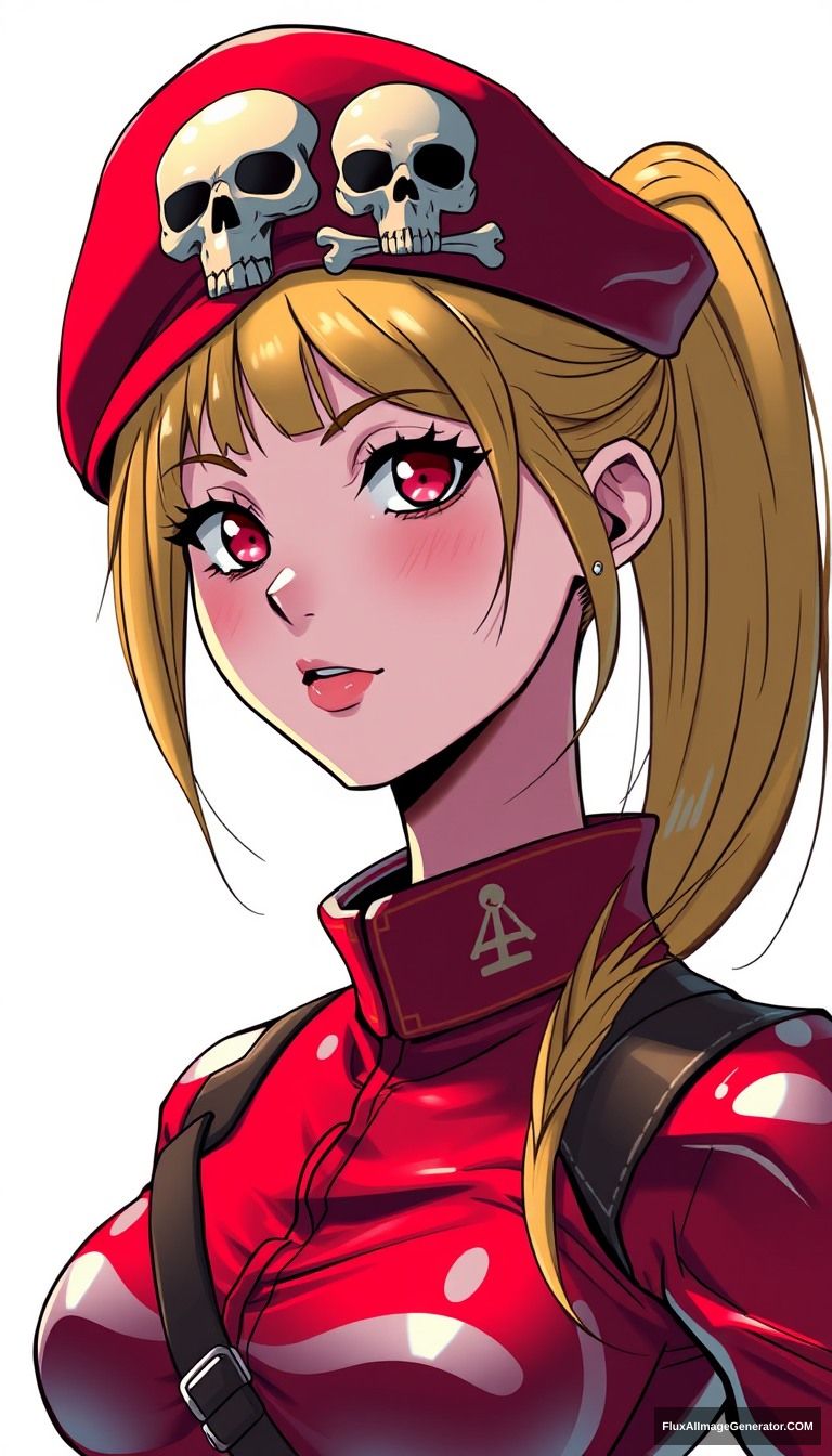 female, anime style, super glamorous space female pirate wearing a beret with skull decoration on head, clothes made of shiny vinyl, red spacesuit, ponytail hairstyles, the background is a simple white color, gold hair color.