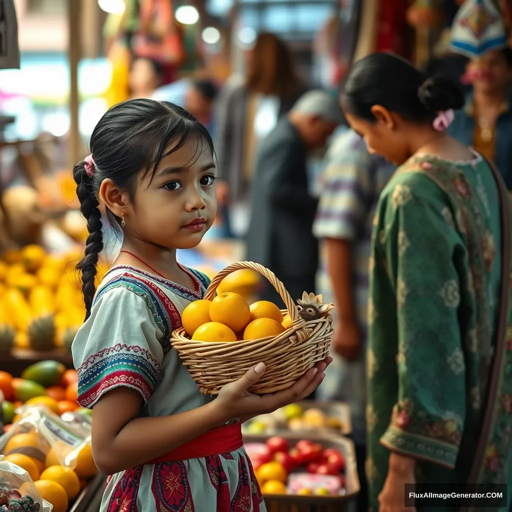 A realistic high-definition photo style, a young girl is holding a small basket filled with fresh fruits and handicrafts. The products at the stall are vibrant and colorful, dazzling the eyes. Dressed in traditional clothing, I engage with the vendors, feeling completely immersed in this lively market.