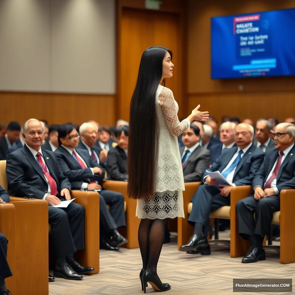 A full-body photo of a Chinese female idol with exceptionally long black straight hair, wearing black stockings and Martin shoes on the lower body, and a white lace dress on the upper body, giving a speech in a conference room, with politicians from various countries seated in the audience.