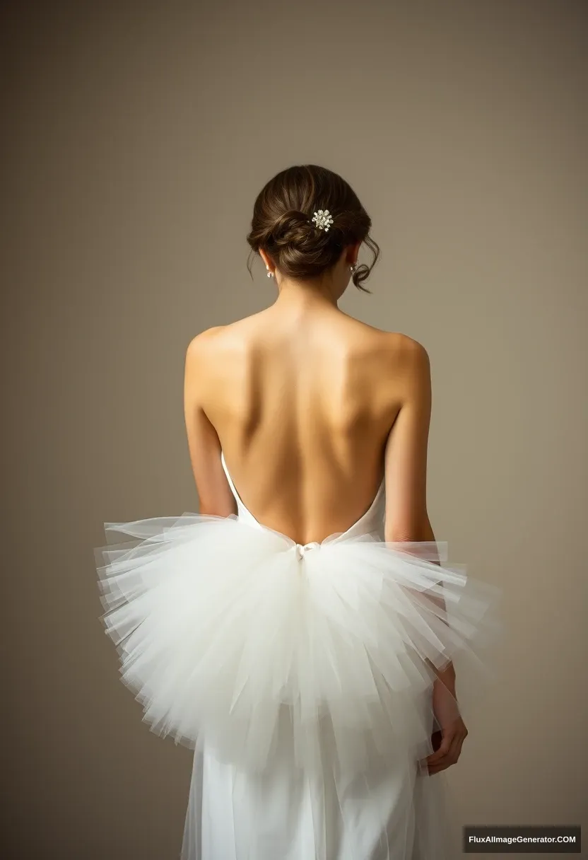 A young woman, sensitive, delicate, ashamed, wearing a backless strapless low-waisted airy tutu-inspired wedding dress.