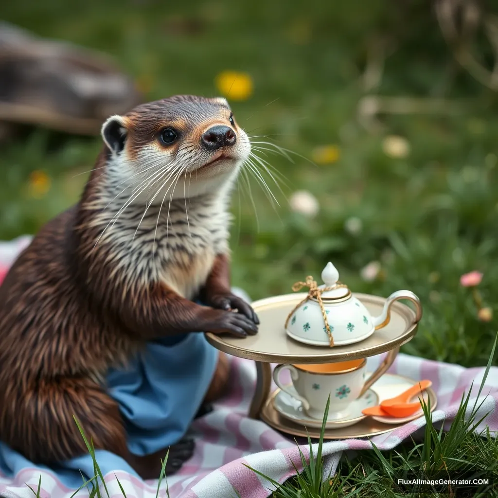 "otter, Alice in Wonderland, real photo, tea table, picnic, blue dress, smile, grass" - Image