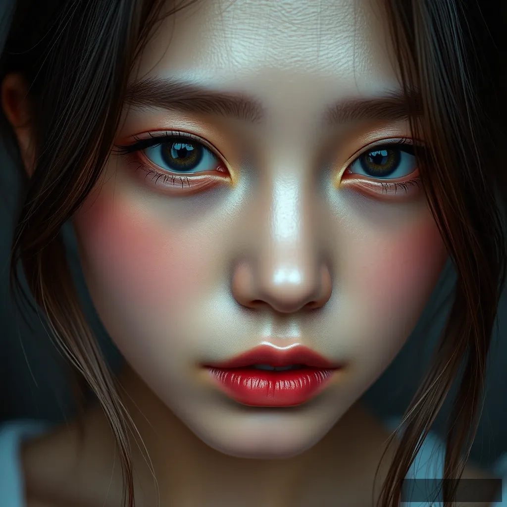 A photo of a K-pop girl with realistic skin and pores, no gloss. - Image