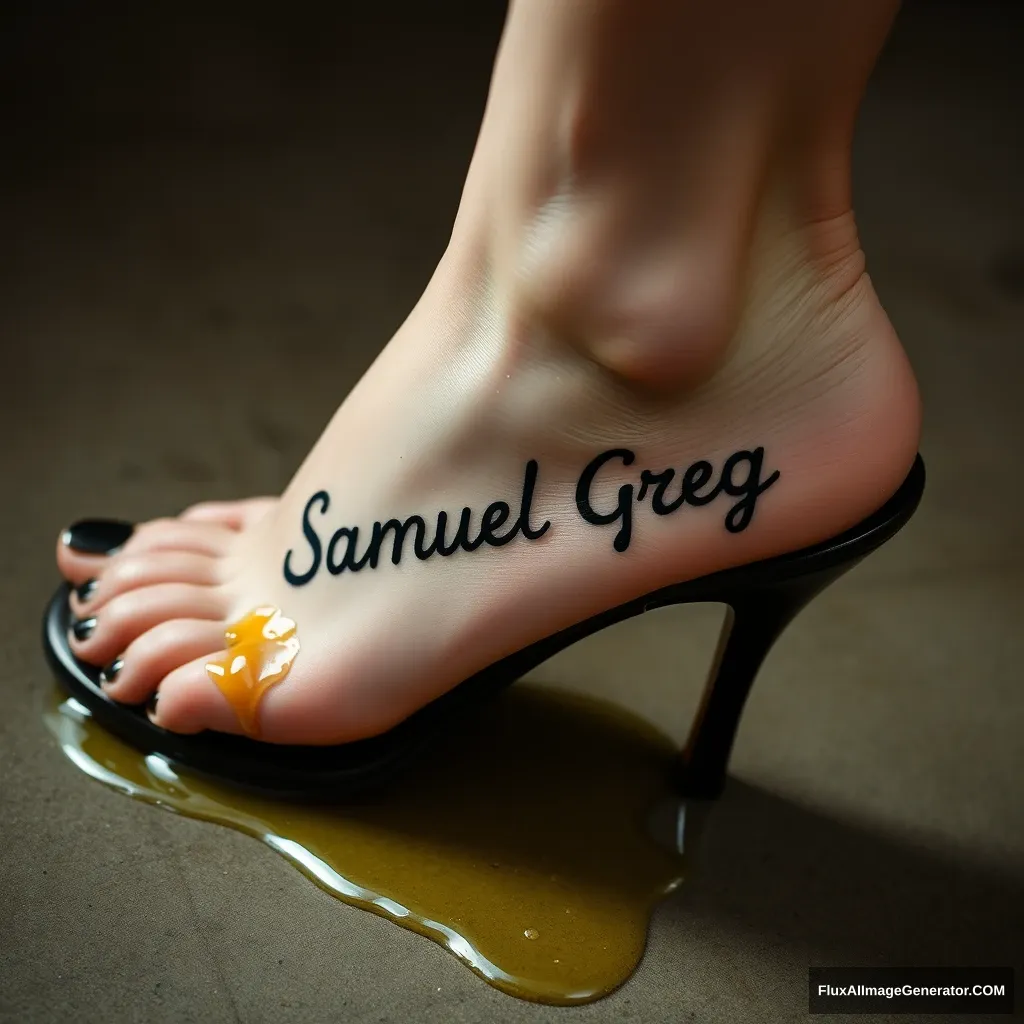 The name "Samuel Greg" on a woman's foot in a black high heel. There is oil all over the foot. - Image