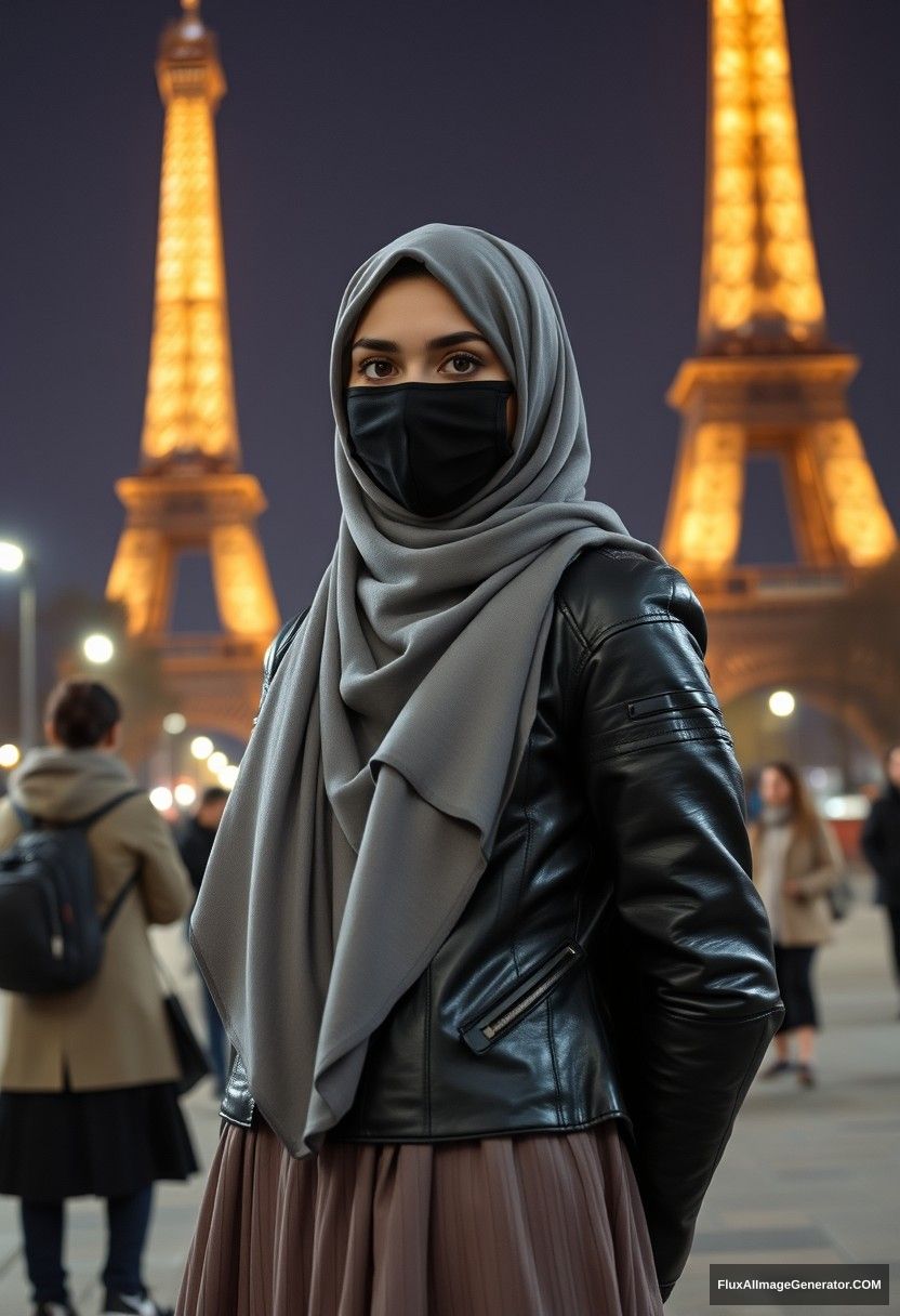 Biggest grey hijab Muslim girl, beautiful eyes, black face mask, leather jacket, biggest longest skirt, standing near Eiffel Tower, night scenery, strangers' backs, hyper-realistic, photorealistic, street photography.