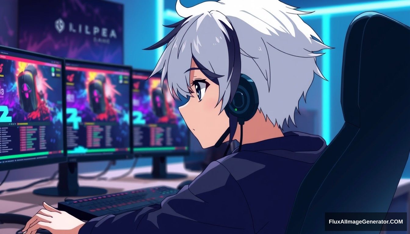 A boy in anime style with half white and half black hair looking at his monitors in the streaming setup.