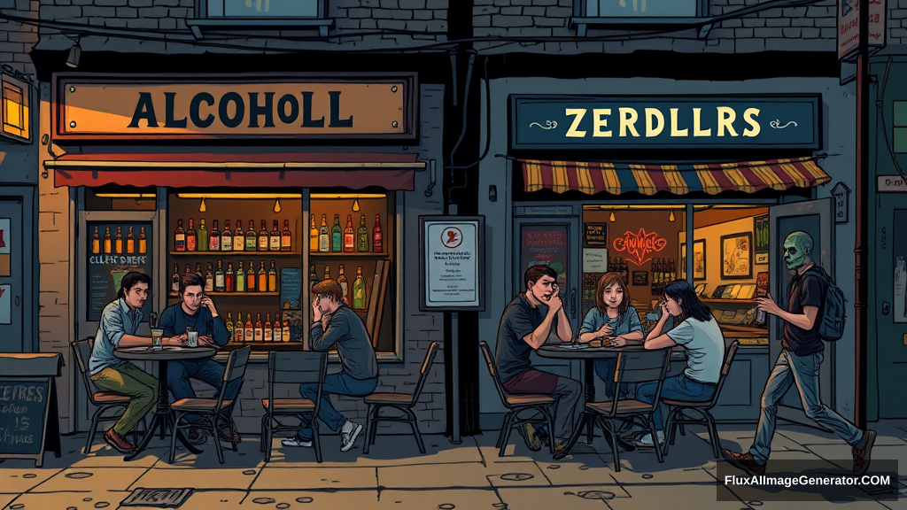 There are two small shops selling alcohol, with tables and chairs set up outside, where many young men and women are drinking and chatting. A zombie walks by. - Image