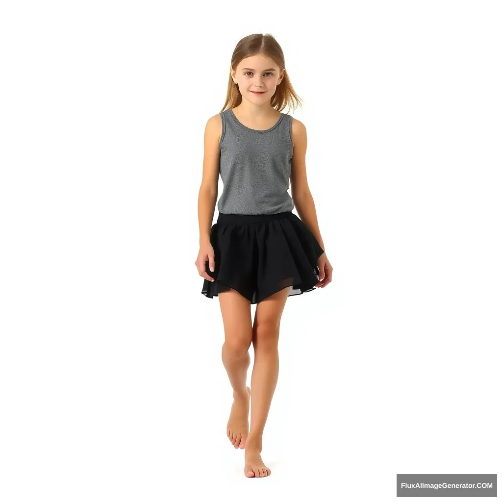 "Create a photo of a German girl who is 16 years old, wearing a short black tiered skirt and a gray sleeveless top. She is barefoot. The background is white, with no text. The person is fully visible and seen from the front. She is walking towards the viewer."