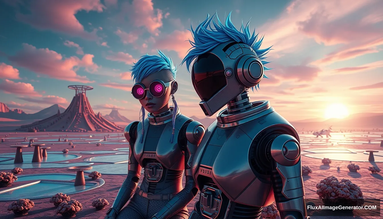 Cinematic Photo of a couple in the intricate style of Enki Bilal: A delicious attractive punk girl with electric blue spiky hair and a charming retro-futuristic robot. Small spaceship nearby. Scene: on a surreal alien desert adorned with iridescent fungi and shimmering lakes, all beneath a vibrant, dreamlike sky. Ray traced, textures, octane render. - Image