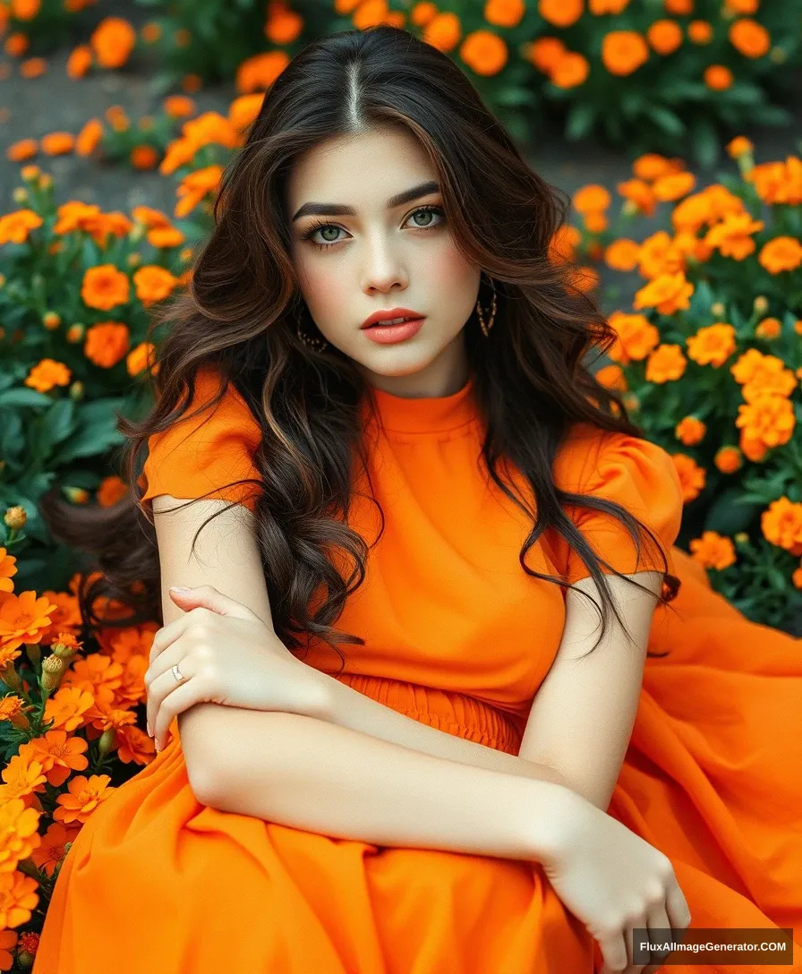 Kodak disposable photography of beautiful fashion model with orange dress, laying on orange flower bed, intricate, exquisite details and textures, sharp focus, high resolution, detailed eyes, 8k uhd, nikon d850, high quality, film grain, hyper realistic skin (detailed skin:1.3) - Image