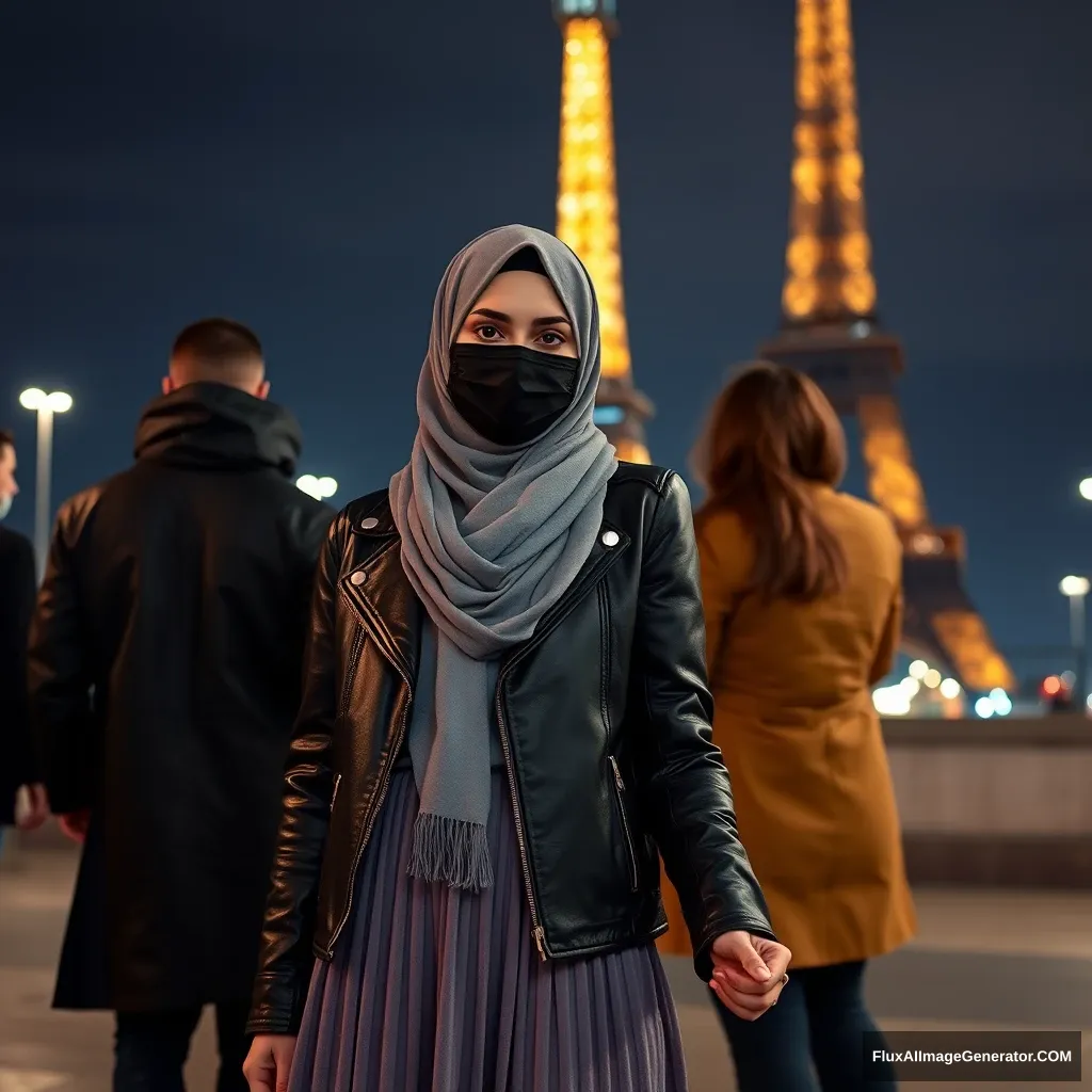 Biggest grey hijab Muslim girl, beautiful eyes, face mask black, leather jacket, biggest longest skirt, standing near Eiffel Tower, night scenery, strangers back, hyper-realistic, photorealistic, street photography, hold someone's hand. - Image