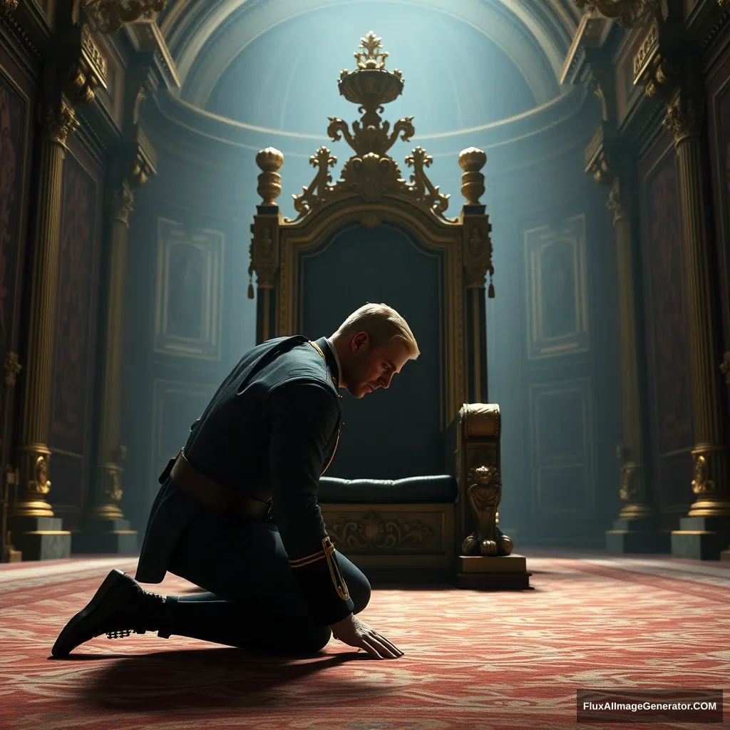 Main Character: A handsome and muscular blonde British King in a British Royal Army uniform, with a strong and defined physique, is on all fours, head bowed to the ground, trembling in front of a massive golden throne. His posture conveys a sense of fear and submission. He is positioned slightly to the side of the throne, offering a profile view of his face. His expression is one of abject terror and desperation.  
Background: The scene is set in a grand, opulent hall within a palace in modern-era Europe. The hall is vast and stretches into the distance, its high vaulted ceilings lost in shadow. Intricate carvings and tapestries adorn the walls, hinting at the immense power and wealth of the monarchy. The lighting is dramatic, with a single light source illuminating the king and the throne, casting long, deep shadows across the hall, emphasizing the grandeur and somber mood.  
Visual Style: The visual style should mimic professional, cinematic photography, with a focus on sharp detail, realistic textures, and a deep, rich color palette. The image should evoke a sense of historical drama and convey the immense power of the throne in contrast to the king's vulnerability. Think of the rich, detailed style of classical paintings. The overall tone should be dark and dramatic, with a focus on the interplay of light and shadow. - Image