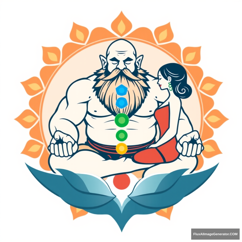 Yoga Center logo: a muscular, large bald dwarf with a beard in the lotus position exchanges energies from the chakras with a woman.