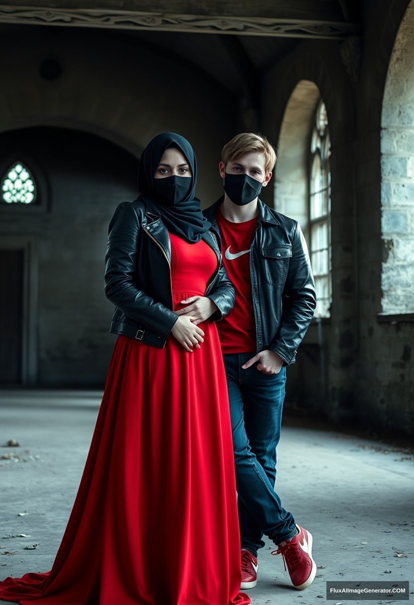 A biggest black hijab girl, beautiful eyes, face mask black, black leather jacket, biggest red longest dress, not tall, standing near him and love, love couple

Jamie Dornan, handsome, youngest, face mask black, fit and tough body, Nike red t-shirt, black leather jacket, jeans, red sneakers, tall man, leaning against the wall, love couple

Hyper-realistic, photorealistic, studio photography, Victoria's abandoned castle, gloomy. - Image