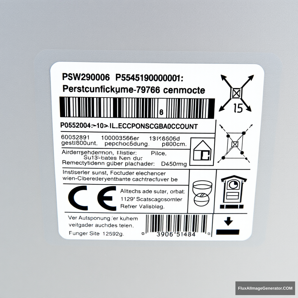 Front shot of an industrial sticker tag with barcodes and electronics manufacturing compliance symbols, the sticker is written in German, the sticker's design is crammed, the sticker contains many technical symbols and markings, the sticker contains tightly packed information and technical data, the sticker is for an electronic power supply, clear shot of an industrial sticker, the sticker is shown clearly, the sticker is glued onto a smooth surface.