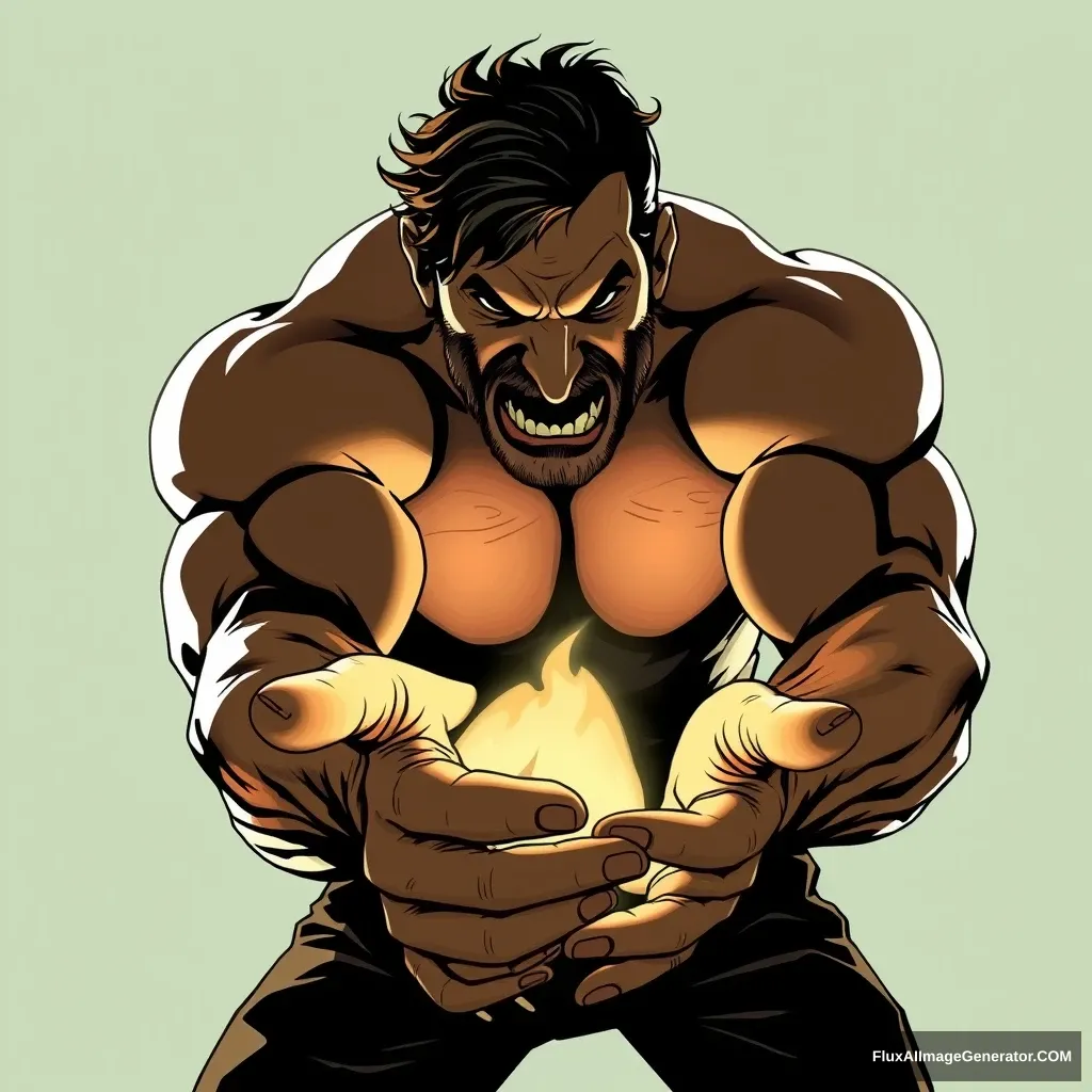 Cel shaded art, a strong man is trying to grab something, hand open, two hands. - Image