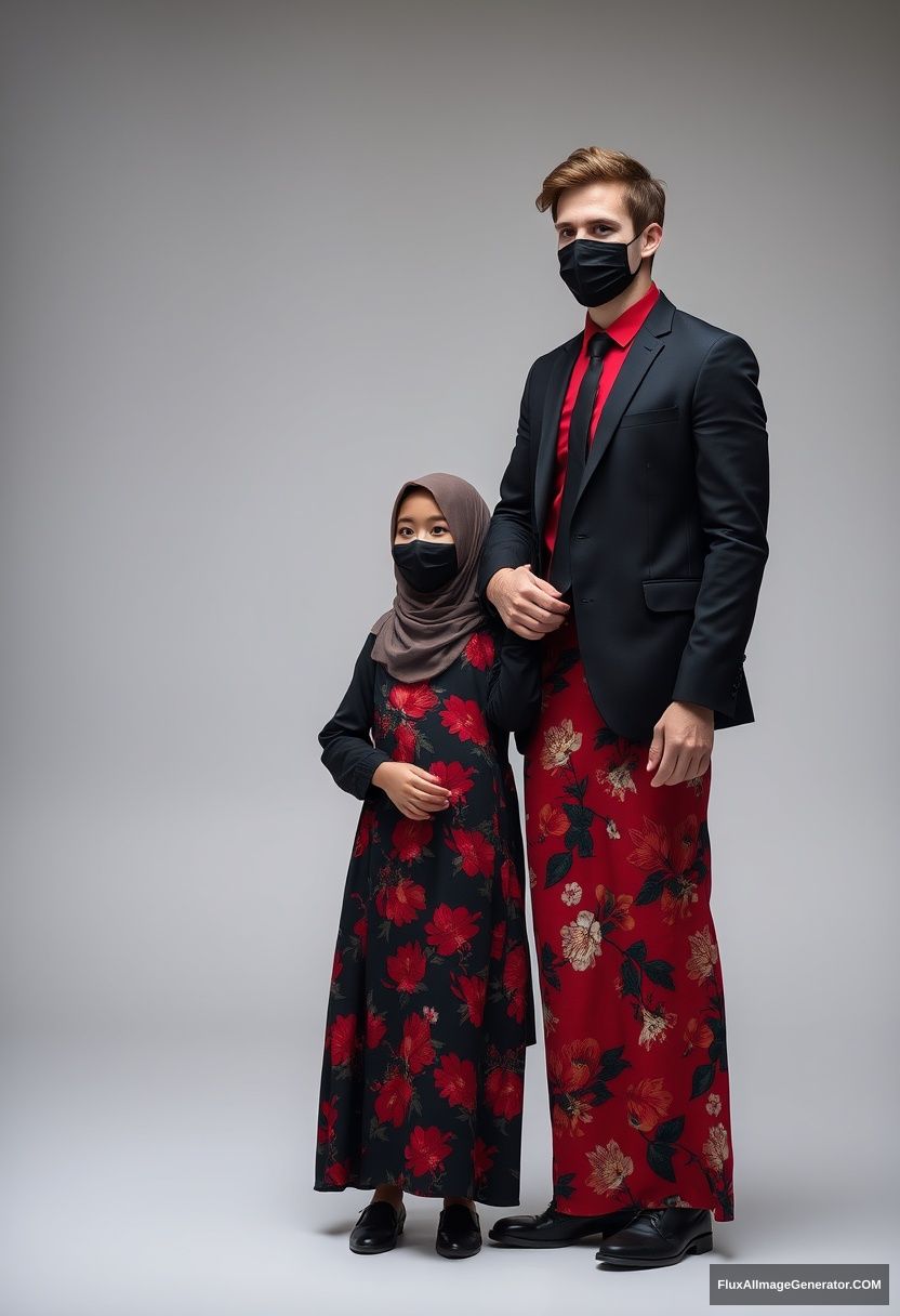 A big black hijab girl, beautiful eyes, face mask black, biggest red floral longest dress, petite, standing, holding his arm

Jamie Dornan, youngest, black suit coat, red shirt, black tie, black leather sneakers, tall man, face mask black, fit tough body, standing near her, love couple

hyper-realistic, studio photography, photorealistic