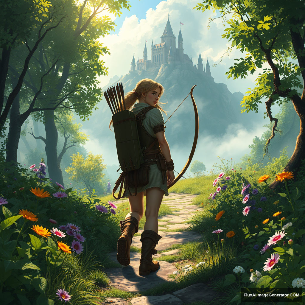 Here is a segment of prompts generated for you about Middle Journey:

In a mysterious and fantastical world, there is a vast and boundless forest. Sunlight filters through the dense leaves, casting dappled shadows. A brave adventurer is in the midst of it, dressed in lightweight leather armor, carrying a large bow and quiver. Her gaze is resolute, and her steps are steady as she follows a winding path. On either side of the path, strange flowers bloom in vibrant colors, exuding enchanting fragrances. In the distance, an ancient castle stands atop a mountain, shrouded in clouds and mist, appearing and disappearing like a mirage. Vines crawl up the castle walls, as if telling the tales of time's passage. The adventurer quickens her pace, filled with a longing for the unknown and a determination to explore; this is the wondrous scene of Middle Journey. - Image