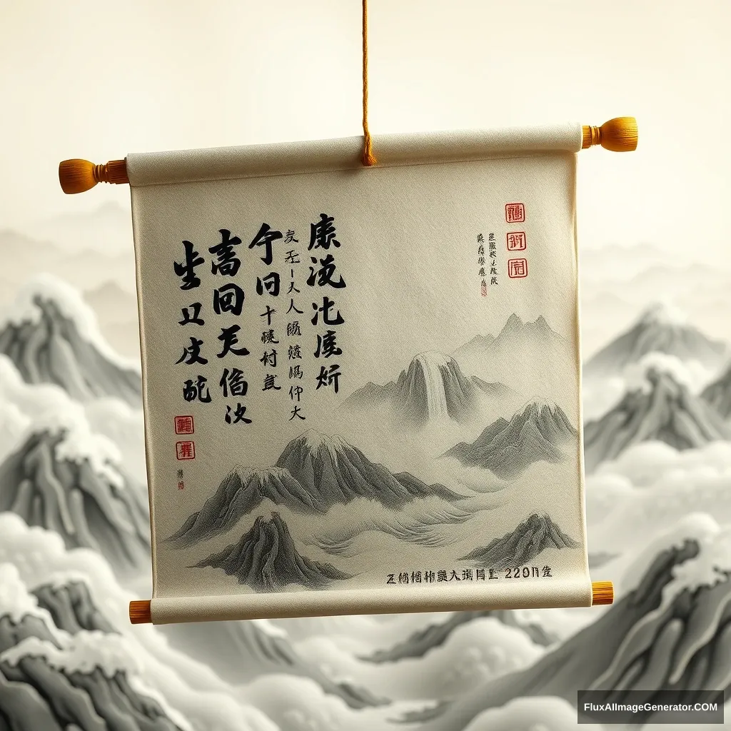 China-Chic style, felt material, an open scroll floating in the air, with some ancient characters on it. On the open scroll stand several ancient poets, with illustrations of mountains and rivers in the background. Featuring undulating mountains, silk, macro, high-definition surrealism, long waves, fresh and elegant customs, white and golden tones, macro perspective.