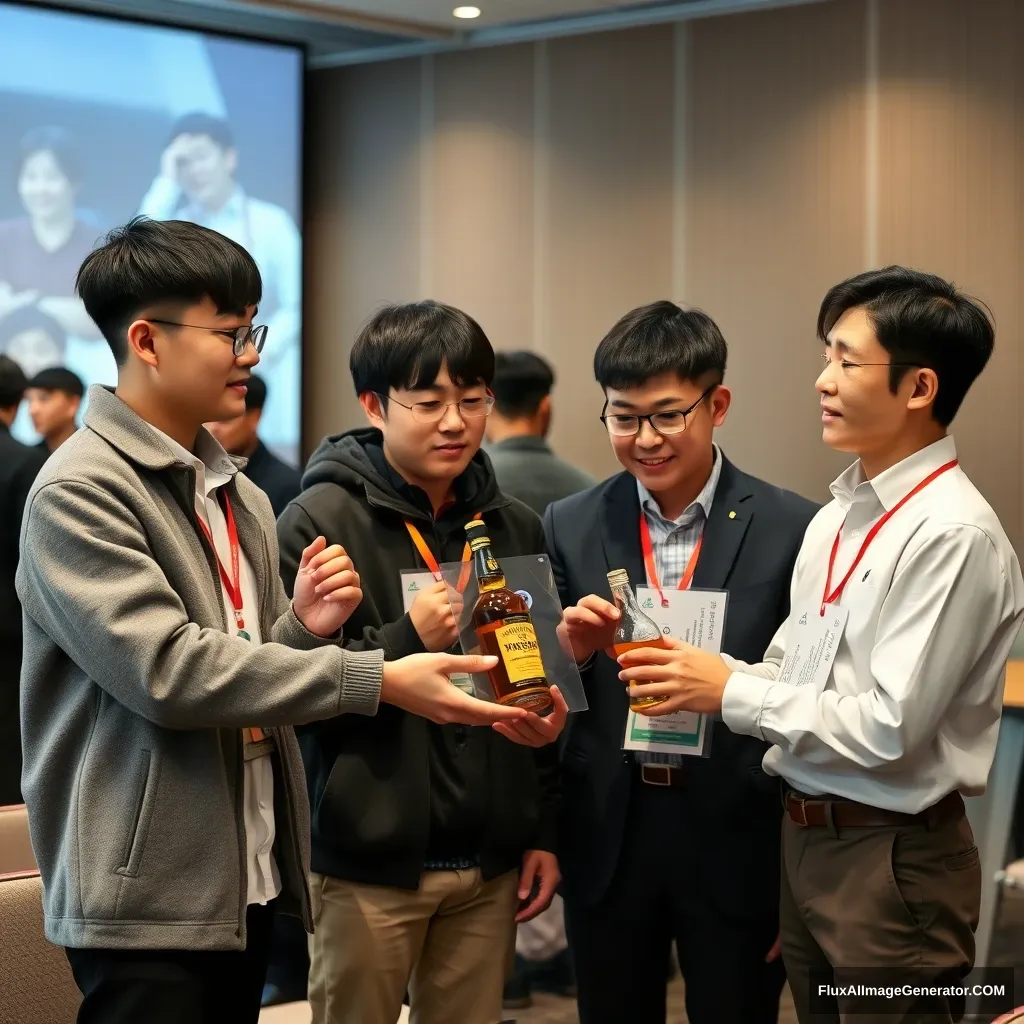 Students who won awards at an artificial intelligence competition give a whiskey gift to the professor out of gratitude, and the professor is moved to tears. The students and professor are Korean, the students are male, and the professor is young.