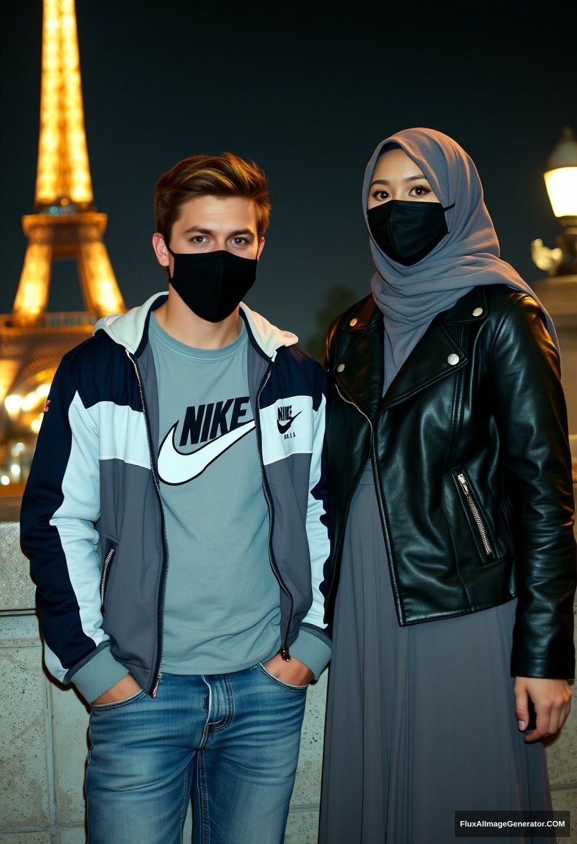 Jamie Dornan, youngest, black face mask, collage jacket, Nike t-shirt, jeans, tall man, fit body,

Dating, love with the biggest grey hijab Muslim girl, beautiful eyes, black face mask, leather jacket, biggest longest skirt, cute short girl,

standing by a wall, Eiffel Tower, night scenery, hyper-realistic, photorealistic, street photography. - Image