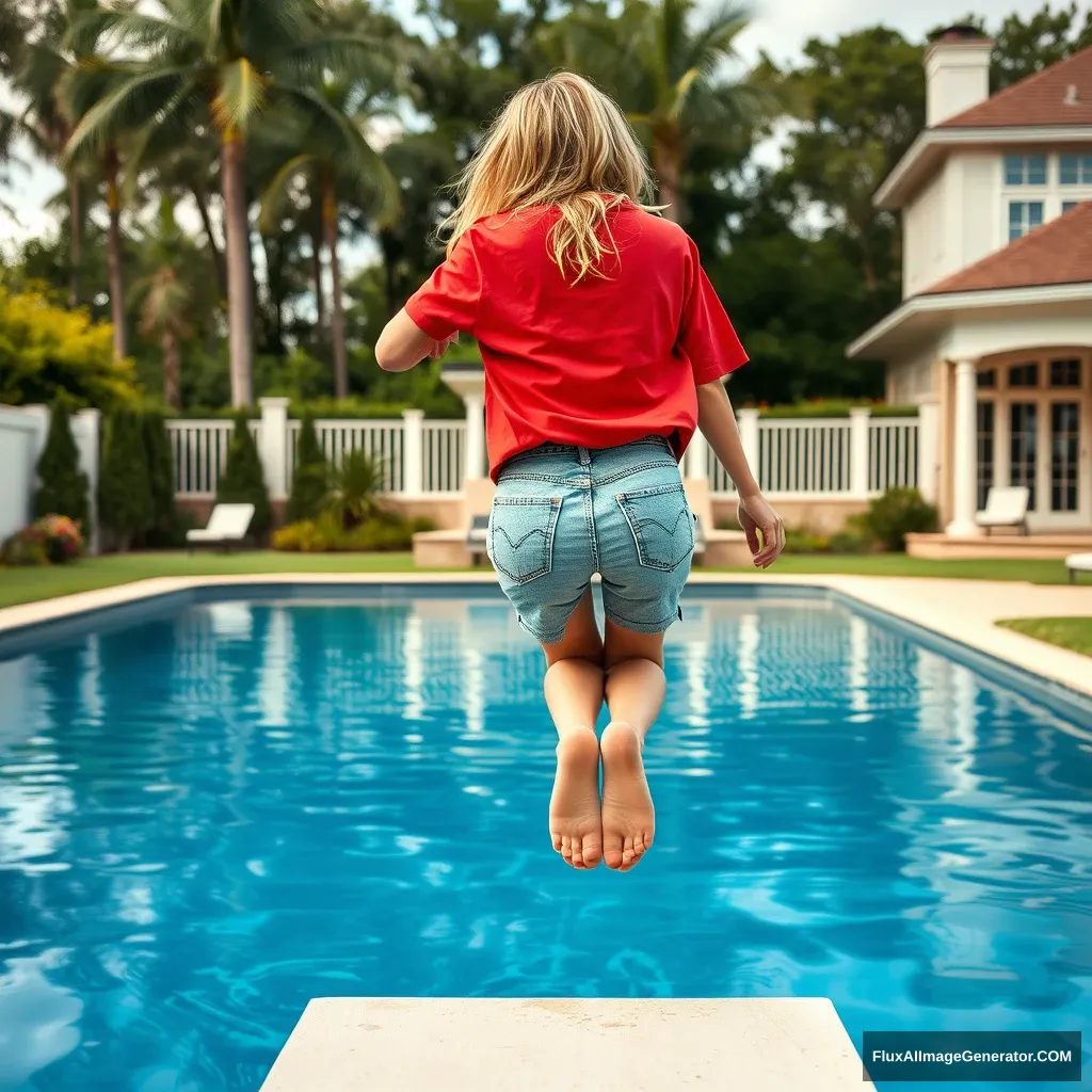 Back view of a young blonde skinny woman who is in her early twenties is in her massive backyard wearing a massively oversized red polo t-shirt which is a bit off balance on one of the shoulders and the bottom part of her t-shirt is tucked in all sides. She is also wearing M-sized light blue denim shorts and she is wearing no shoes or socks. She dives into her massive luxurious pool after jumping off the diving board head first, making her go upside-down. - Image