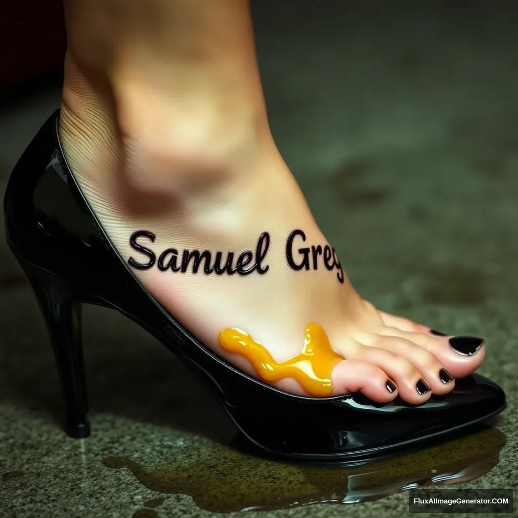 The name "Samuel Greg" on a woman's foot in a black high heel. There is oil all over the foot. - Image