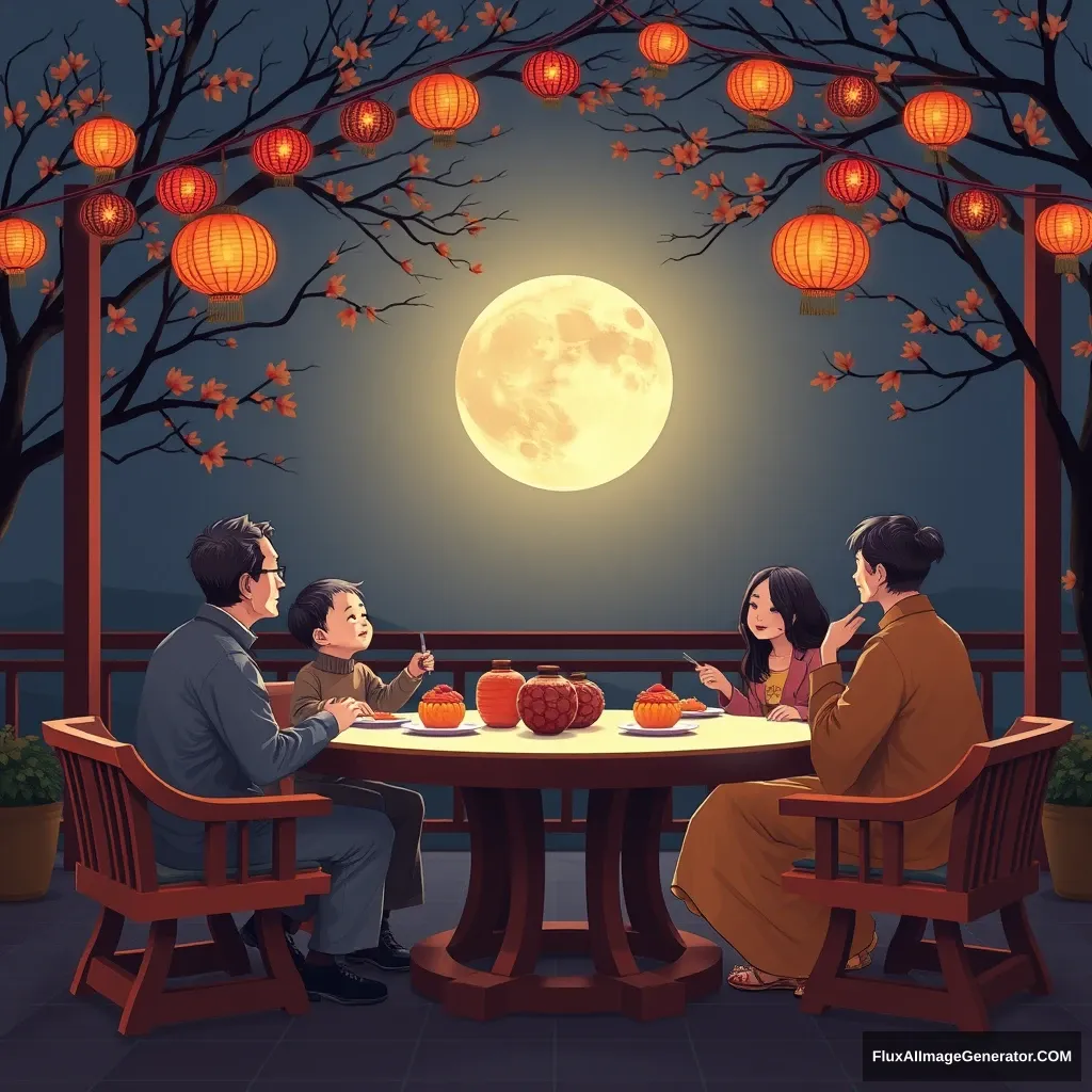 On the evening of Mid-Autumn Festival, the family sat around the outdoor round table, watching the full moon in the sky while eating moon cakes.