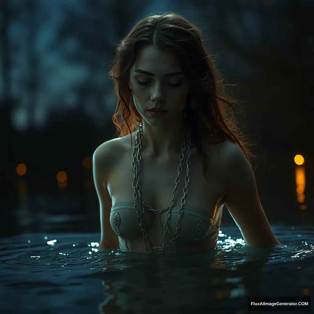 A goddess in delicate chains emerges from a lake at night in the firelight, close-up. - Image