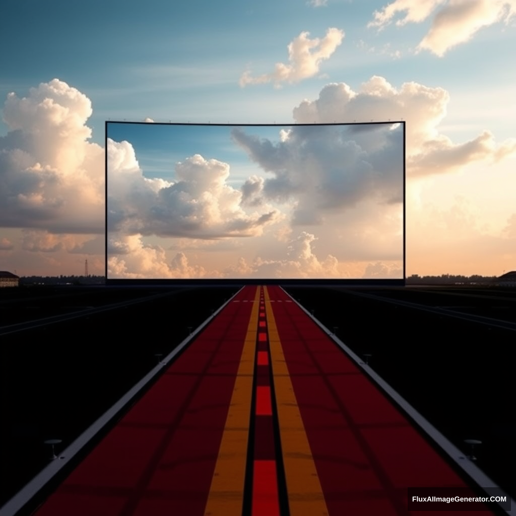 1100 feet tall 2350 feet wide screen displaying clouds and sky with a tiny little runway going from a vantage point leading to the screen the runway's vantage point getting larger as it comes to the forefront of the overall image.