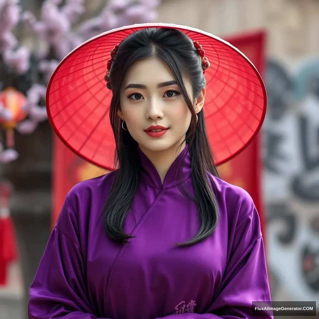 "A Chinese beauty, she is wearing purple clothes."