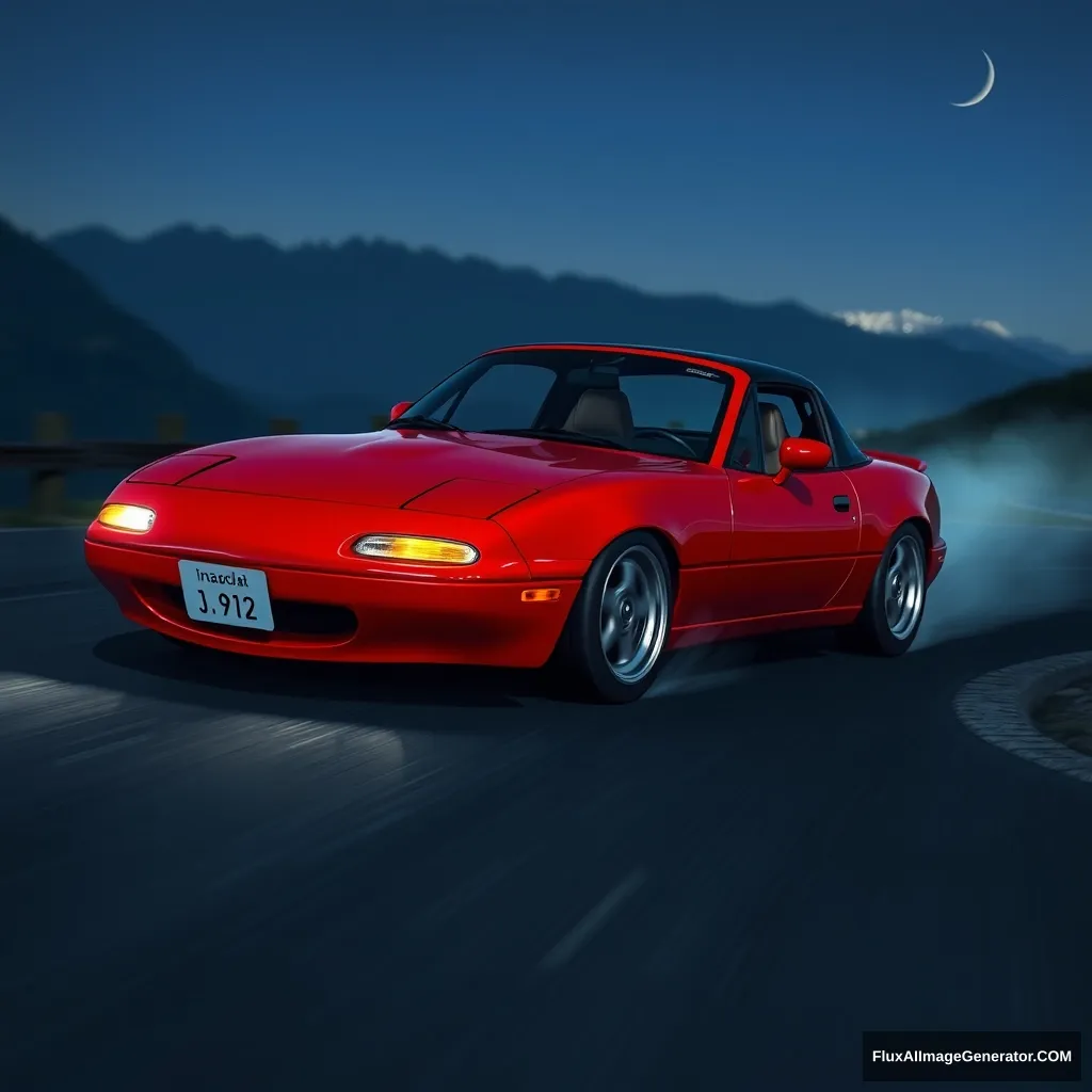 Create an image of a red 1991 Mazda Miata drifting on a Japanese mountain at night.