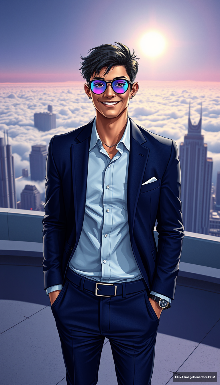 Subject: Full-body portrait of a handsome young man  
Style: Futuristic city, sci-fi style  
Background: Rooftop of a futuristic city, overlooking layers of clouds  
Atmosphere: Relaxed and carefree, with a hint of a rebellious personality  
Clothing: Business professional, such as a high-end suit, paired with tailored suit pants  
Hairstyle: Short hair, stylishly tousled to highlight individuality  
Expression: Smiling, confident gaze, with a slight upward curve of the mouth  
Posture: Standing relaxed, with both hands naturally hanging down, showcasing a state of ease  
Light and Shadow: Bright daylight sun creating a cool-warm contrast, accentuating the young man's silhouette and expression  
Colors: Primarily using laser gradient colors  
Details: Pay attention to the texture of the clothing, such as intricate details of the high-end suit, the suit’s quality, and the delicacy of the young man's skin  
Accessories: Wearing a pair of color-changing round-frame glasses, can include personalized accessories like a watch, necklace, or ear studs for added fashion appeal  
Requirements: Wearing high-quality leather shoes.