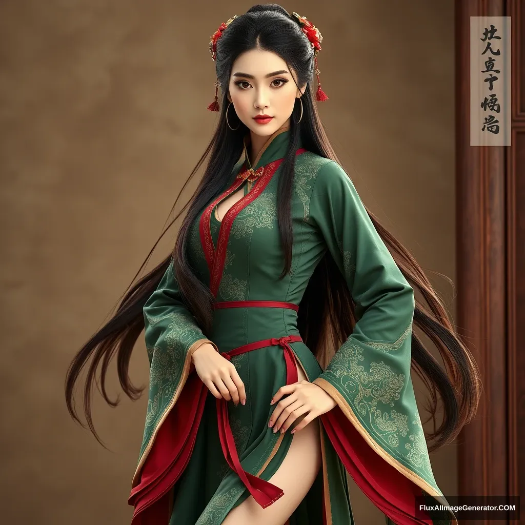 "Beautiful woman in traditional Chinese costume, wearing a fitted green outfit, antique style, graceful and light, full of charm, long hair in traditional attire, long legs, exuding the qualities of an ancient female warrior." - Image