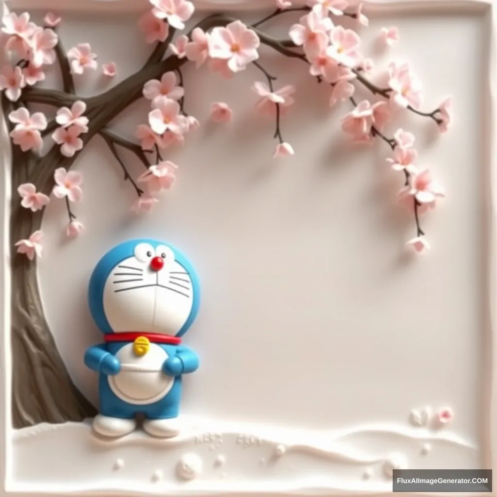 Doraemon, the beloved blue robot cat, stands patiently under the delicate, pink-petaled cherry blossom tree, awaiting the arrival of his young friend. The scene is captured in a bas-relief style, with the figures and flora subtly raised from the background, creating a sense of depth and dimension. Doraemon's round form and gentle expression convey a sense of quiet anticipation, while the cascading blossoms lend an air of tranquility and beauty to the serene tableau.