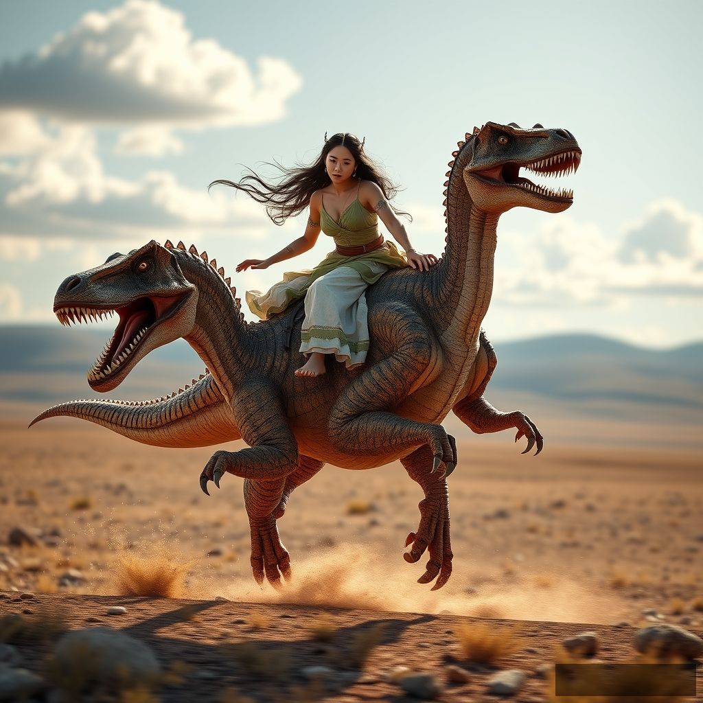 A stunning full body full wide view of a beautiful young Asian woman riding on a velociraptor running in motion, by Gian Lorenzo Bernini, 16k resolution photorealistic, masterpiece, breathtaking intricate details, realistic and lifelike CGI, dramatic natural lighting, reflective catchlights, high quality CGI VFX fine art, highly detailed, Mongolian steppe.