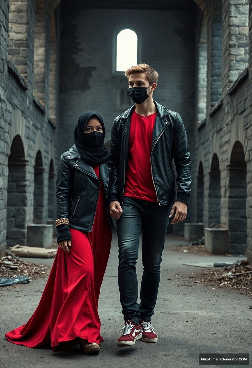 A biggest black hijab girl, beautiful eyes, face mask black, black leather jacket, biggest red longest dress, untall, walking near him and love, love couple

Jamie Dornan, handsome, youngest, face mask black, fit and tough body, Nike red t-shirt, black leather jacket, jeans, red sneaker, tall man, walking near her, love couple

Hyper realistic, photorealistic, studio photography, explore Victoria's abandoned castle, gloomy.