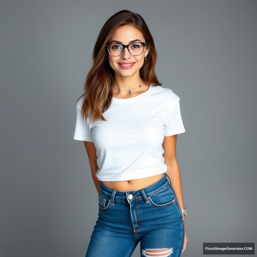 Beautiful 23-year-old woman with shoulder-length brown hair wearing a tight-fitting white t-shirt, tight low-cut worn blue jeans, and white Nike sneakers, with trendy black-framed clear glasses, looking directly at the camera with a cute smiling face and a cool neck tattoo.